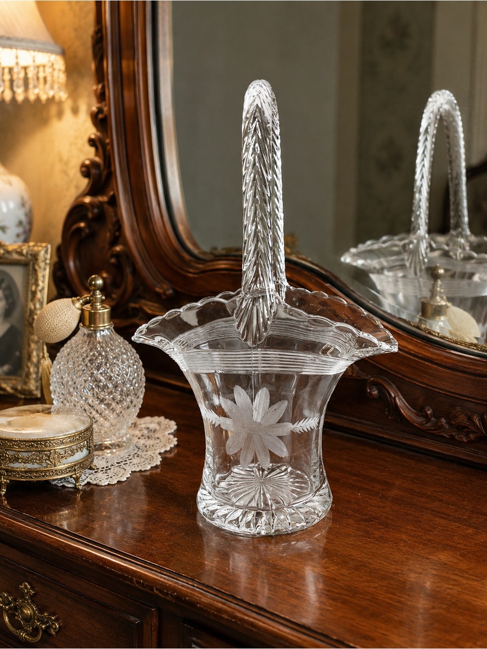 Vintage Duncan & Miller Glass Bride’s Basket Etched Floral Feather Handle